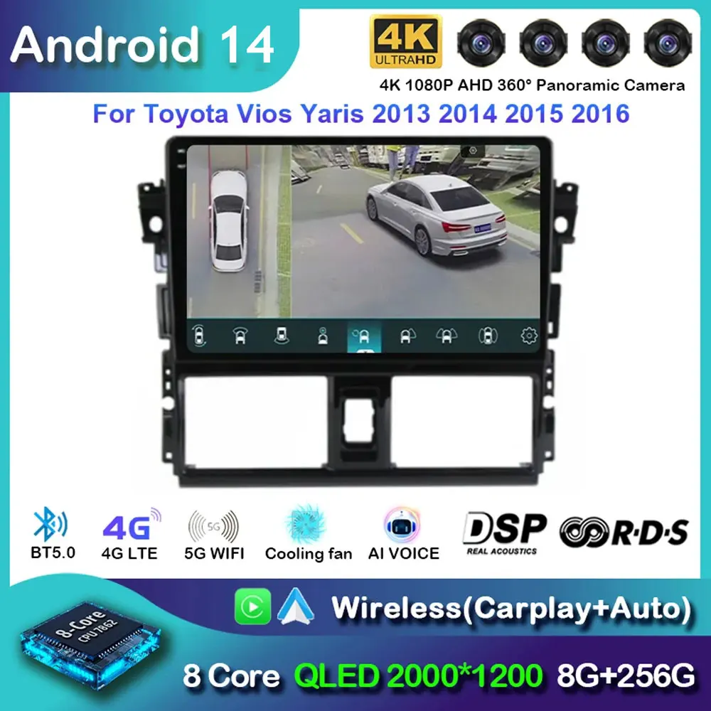 

Автомагнитола Carplay, Android 14, для Toyota Vios Yaris 2013, 2014, 2015, 2016, GPS-навигация, мультимедийный плеер, видео, стерео, 4G, BT