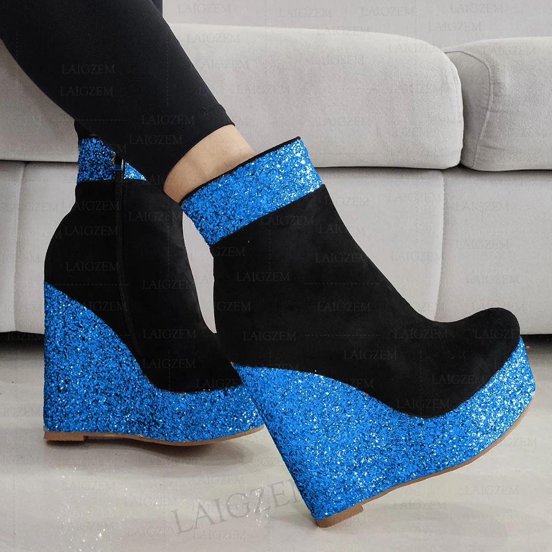 LAIGZEM Women Ankle Boots Platform Wedges Bling Glitter Faux Suede Short Boots Patchwork Ladies Shoes Woman Big Size 41 43 45 52