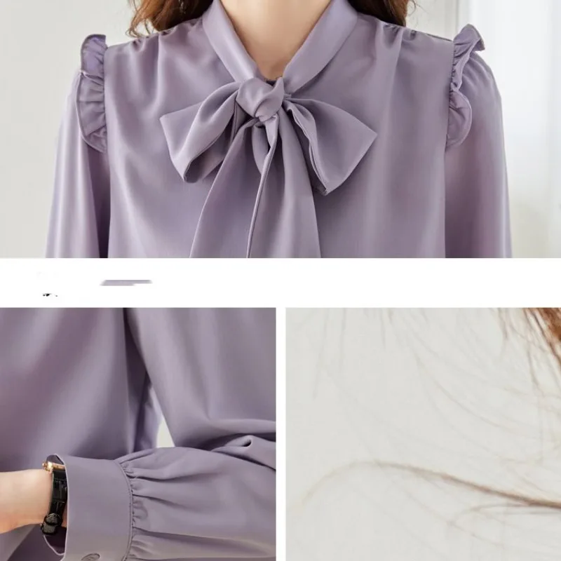 Spring Autumn Women\'s Pullover Scarf Collar Ruffles Shirring Solid Button Lantern Long Sleeve Chiffon Shirt Fashion Casual Tops