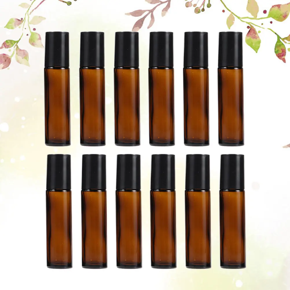 12Pcs Essential Oil Roller Bottles Glass Brown Leakproof Travel Subpackaging Refillable Container for Perfume