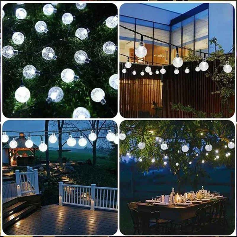 ไฟสตริงพลังงานแสงอาทิตย์กลางแจ้งคริสตัล Fairy Light Christmas Garland 8 โหมดกันน้ํา Patio Light สําหรับ Garden Party Decor