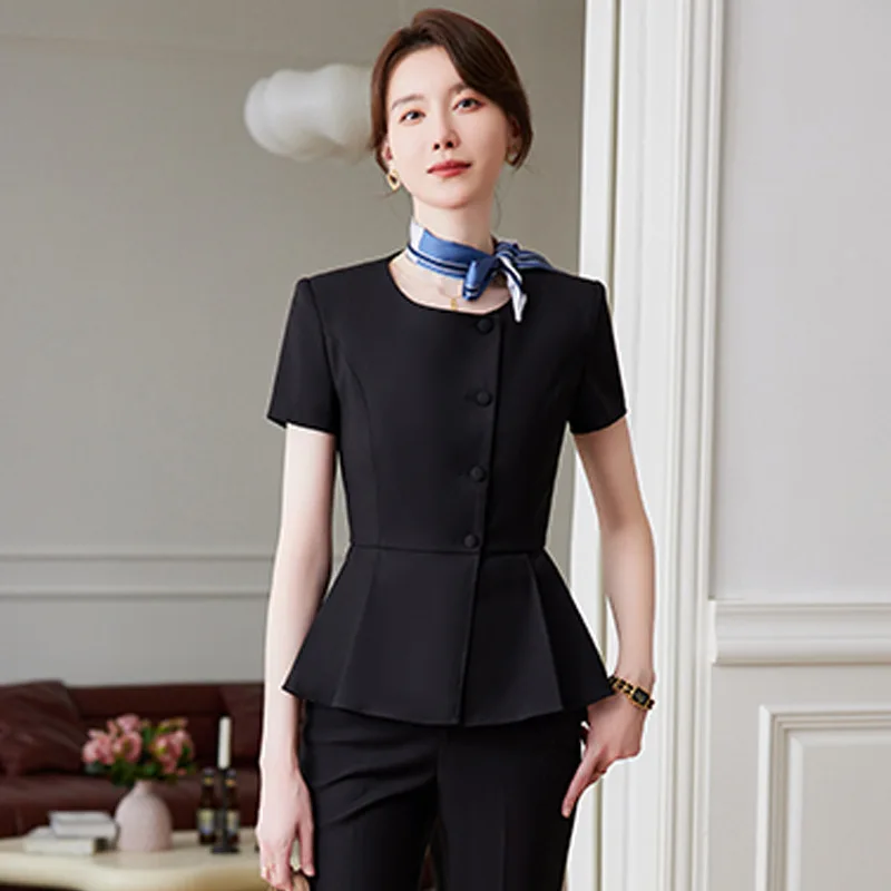 Ensemble de costume élégant à manches courtes pour femmes, vêtements professionnels, bijoux, vêtements de travail pour esthéticienne, nouvelle collection printemps été 2023