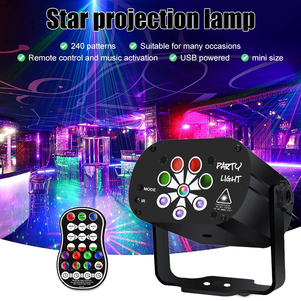 Proyector de luz estroboscópica con Control remoto, dispositivo de iluminación RGB con 240 patrones, activada por voz, para fiesta, decoración de Navidad