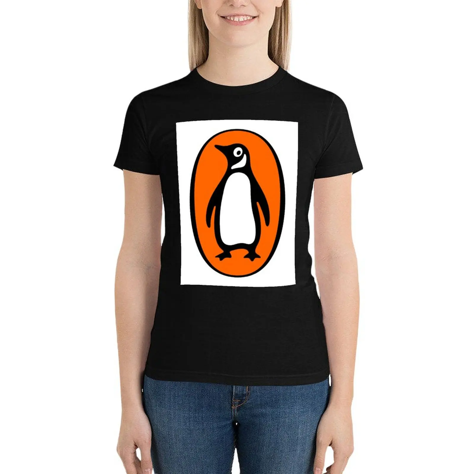 

Orange Penguin Book Logo Design T-Shirt tees summer top cute tops oversized Top Women