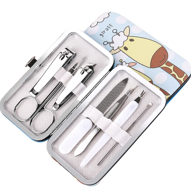 7Pcs Nail Clippers Tweezers Ear Spoon Beauty Pliers Kit Professional Manicure Trimming Tool Suit with Cartoon Storage Box