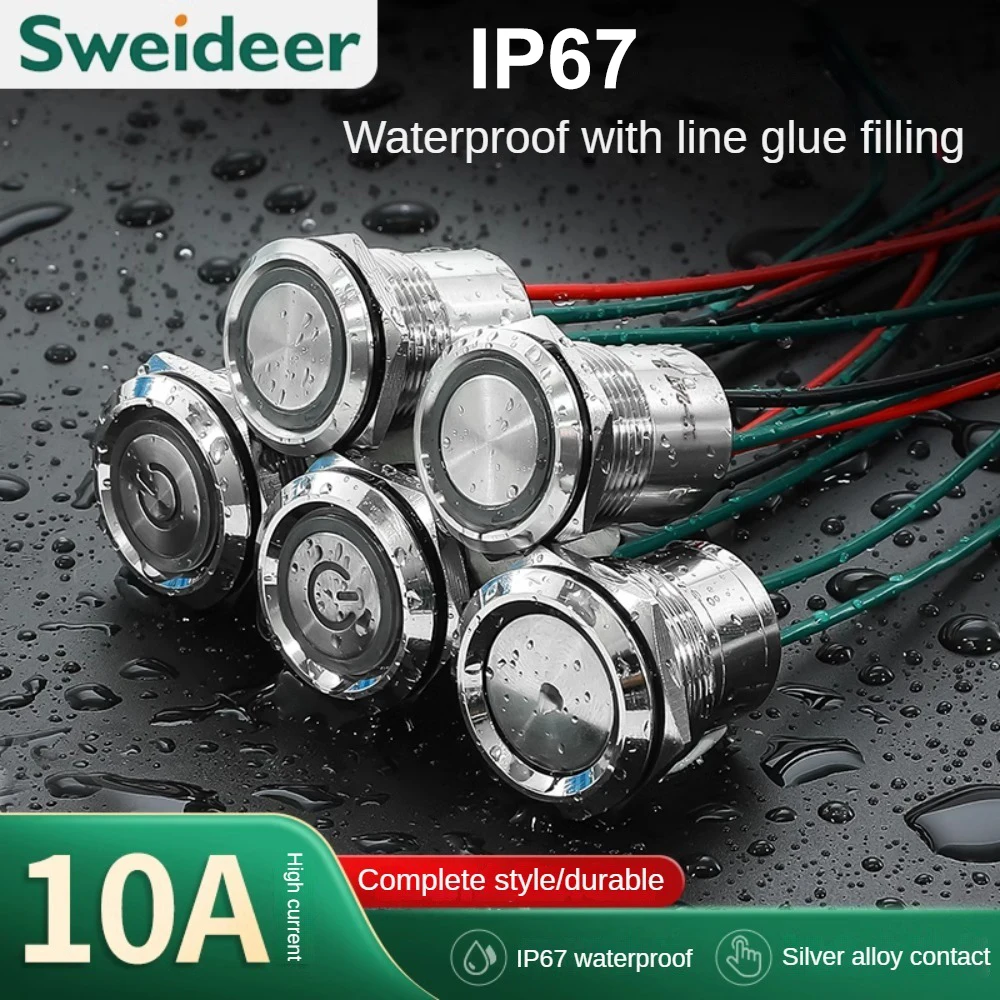 16/19/22mm IP67 wodoodporny metalowy przełącznik wciskany 10A wysoki prąd LED Light chwilowy zatrzask zewnętrzny wyłącznik zasilania czerwony zielony