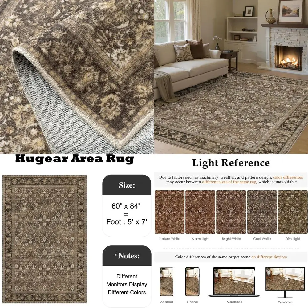 

Коричневый ковер с цветочным узором 5x7 футов, машинная стирка, мягкий, с низким ворсом, для прихожей, спальни, гостиной, офиса и других помещений