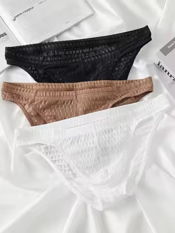 3-Piece Men's Ice Silk Mid-Waist Briefs Set - Textured Grid Design (Multiple Sizes)-Men's Underwear