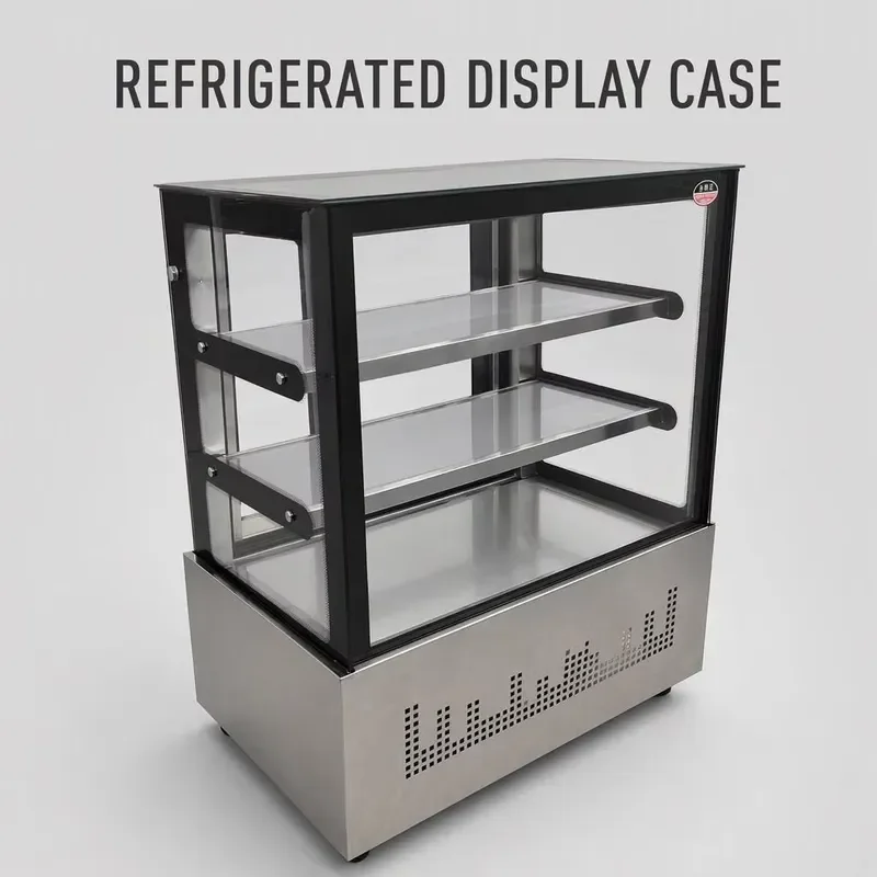 Stainless Steel Square Glass Cake Display Cabinet with LED Lighting Digital Temperature Control Fan Cooling for Beverage