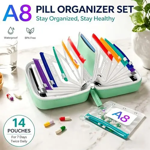 Wasserdichter A8 Pillenbeutel-Organizer Reise-Wochenmedizinbox mit 7/14 Reißverschlussfächern im Geldbörsen-Stil – Detail 8