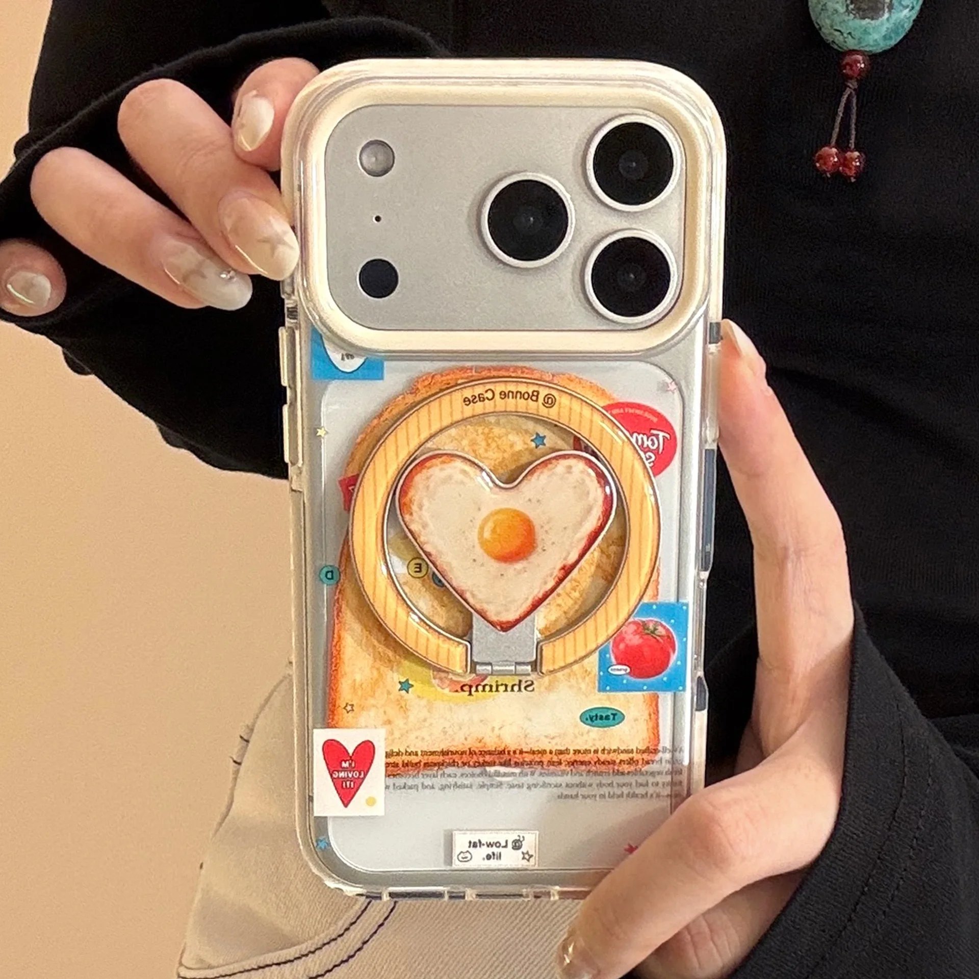 Funda de teléfono Ins Korean Toast Fried Egg Love para IPhone 17 16Pro 15 14 13 12 11 ProMax con fundas con soporte Magsafe