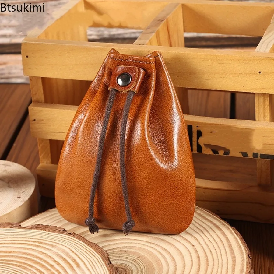 New Portable Leather Drawstring Pouch Retro Nordic Style Genuine Leather Coin Purses Key Jewelry Storage Packs Adult Mini Wallet