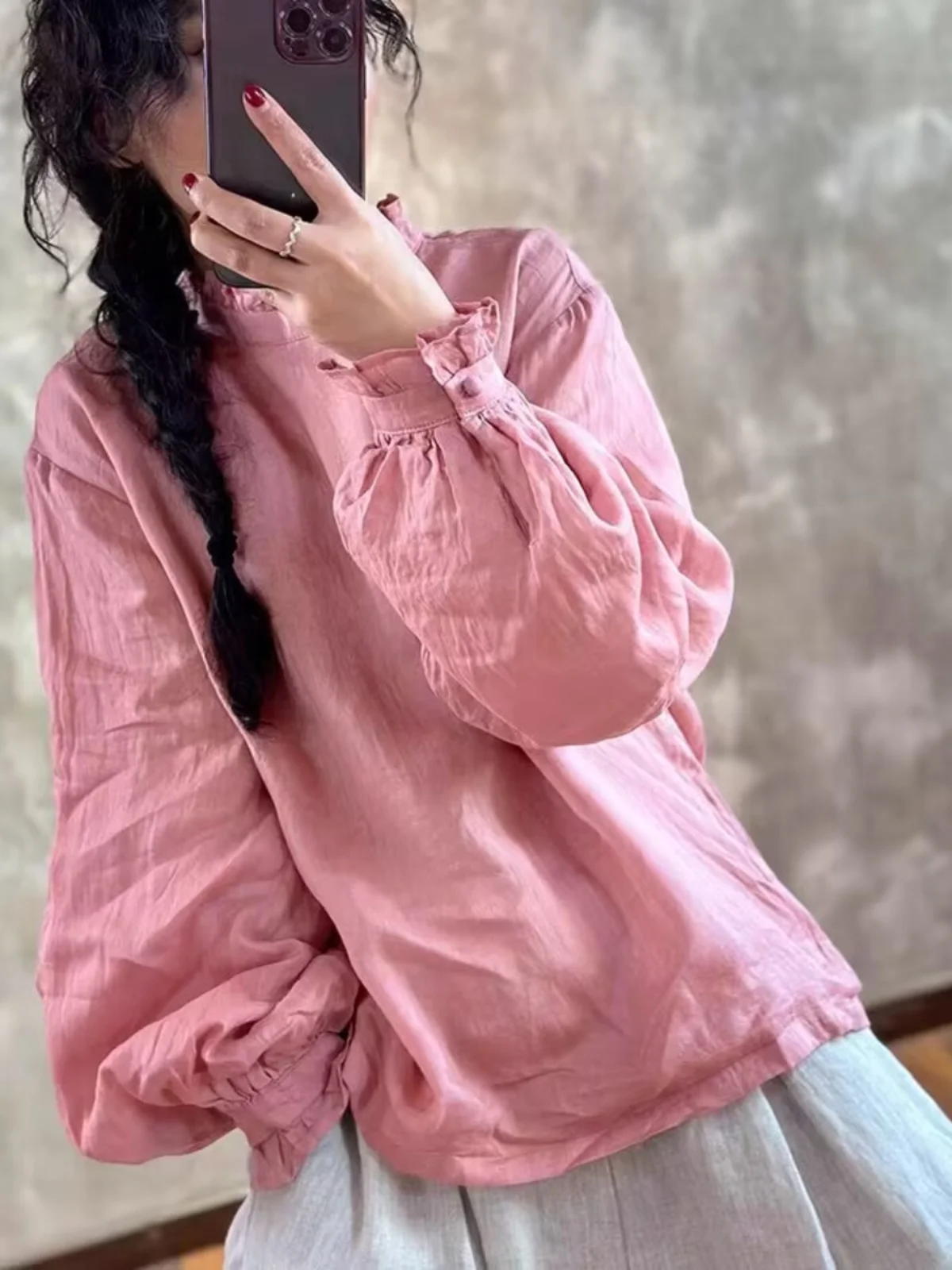 

Retro Long Sve Linen irt Women's Spring Faion Versatile Loose Slimming Ruffle Collar Linen Top Comfortable Workwear