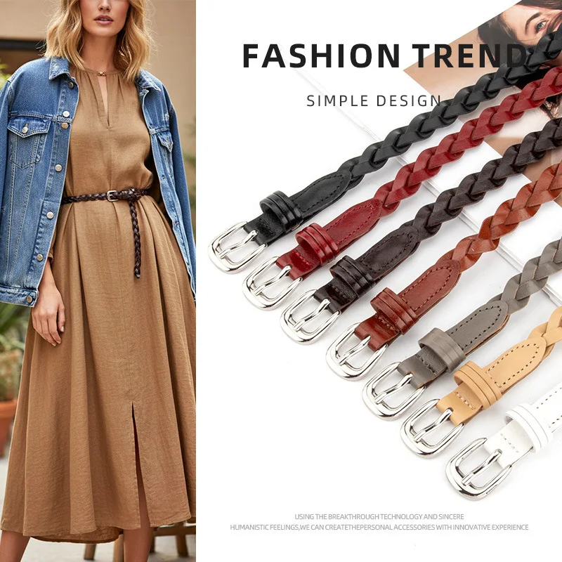 

Woman Versatile Woven Thin Waistband,Women's Woving Leather Decorative Dress Waist cinching Fashion Needle Buckle Belts