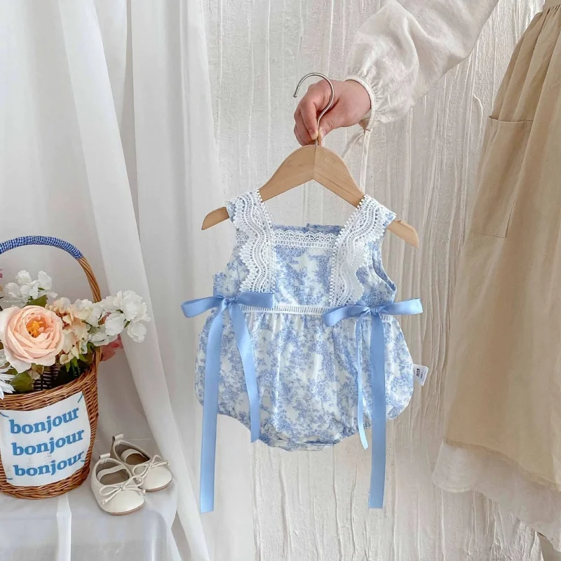 

2025 New Summer Newborn Baby Girl Romper Sleeveless Cotton Printing Lace Splicing Infant Baby Girls Jumpsuit 0-24M Baby Clothes