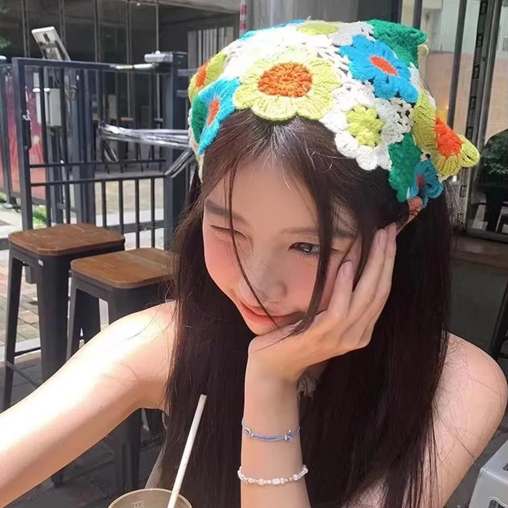 كروشيه مصنوع يدويًا وشاح رأس محبوك للفتيات ، قبعة مثلث فرنسية ، نمط رعوي ، وشاح رأس بزهرة ، عطلة شاطئ ، وصول الشعر #5