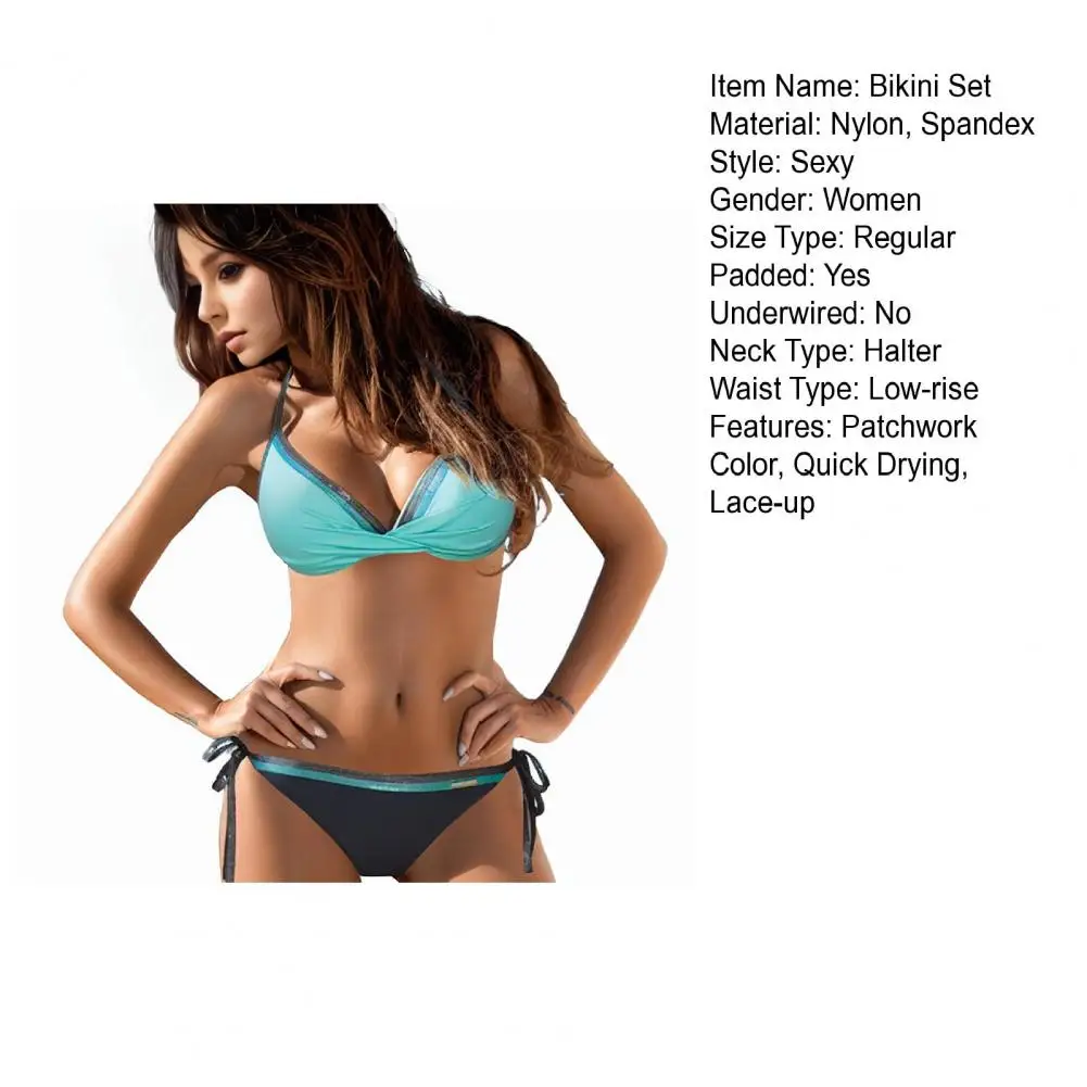 2 pezzi/set costume da bagno donna bikini sexy set halter scollo a V reggiseno senza maniche slip a vita bassa set costume da bagno con lacci in colore a contrasto