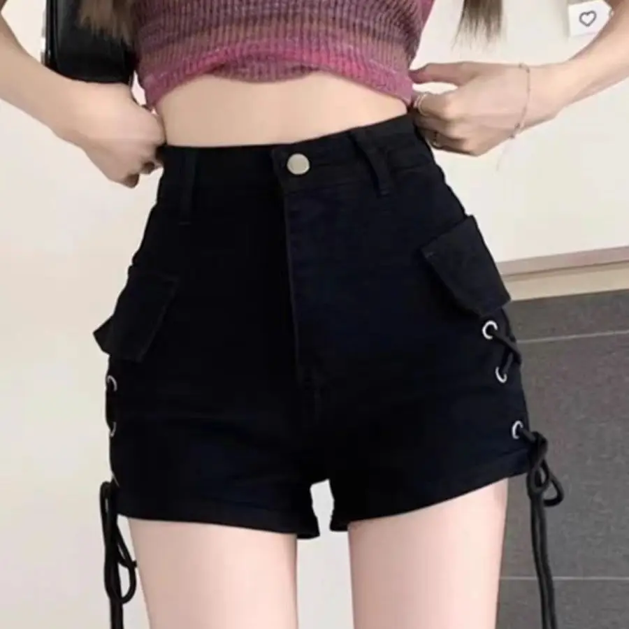 2025, Sommer, neu, modisch, Spitzenband, sanft, lässig, Denim, niedrige Taille, Schwarz, für Damen, neue enge, schlanke Hottie-Shorts Wh10