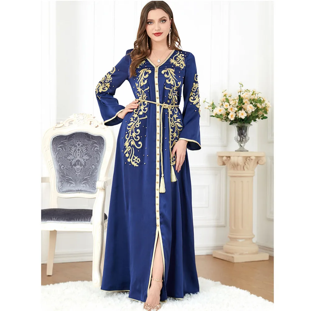 Eid Mubarak Djellaba Beaded Embroidered Muslim Women Maxi Dress Ramadan 2024 Fashion Abaya Dubai Turkey Kaftan Islamic Jalabiya