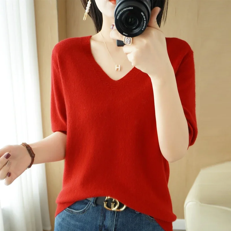 Casual Short Sleeve Sweater Women 2024 Spring Summer Knitted Tops Korean Fashion Knit Shirts Pullovers V-neck Soft Pull Jumpers