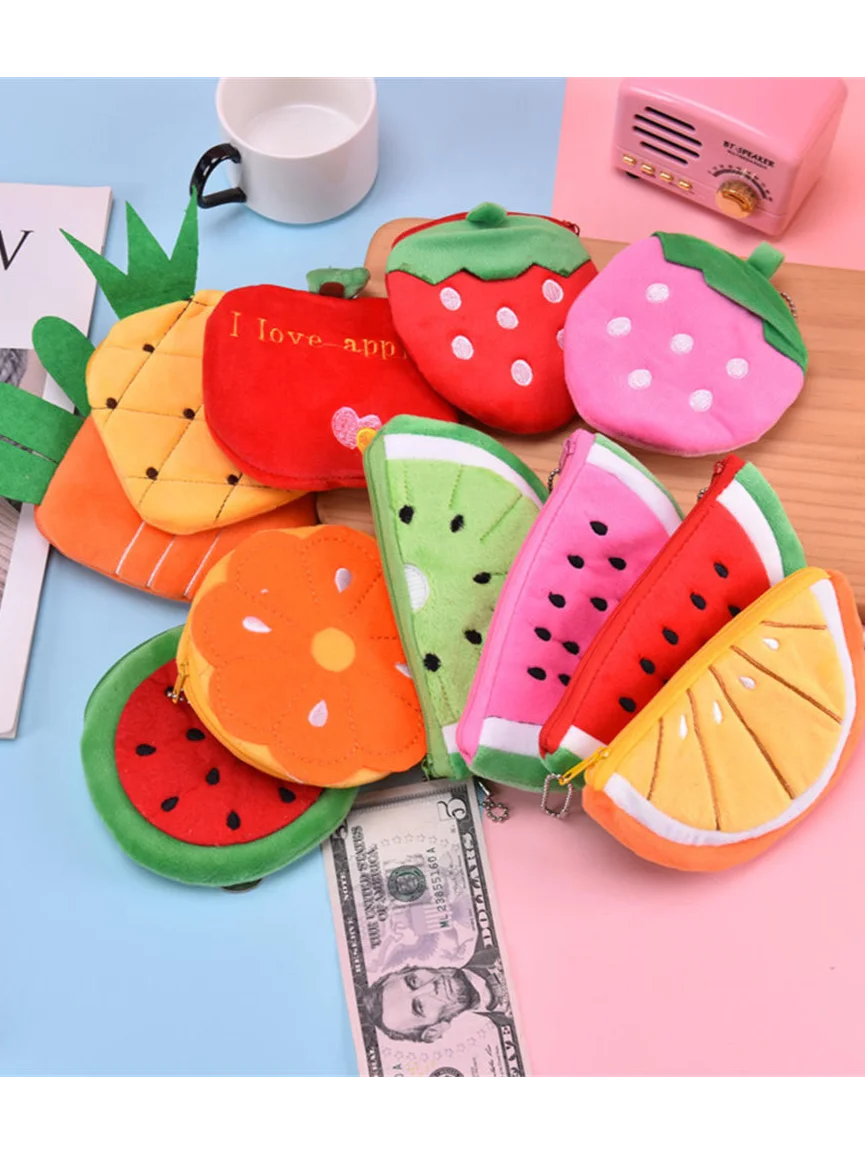 Porte-monnaie neutre en peluche pour femmes et enfants, joli porte-monnaie à fermeture éclair, sac à clés, portefeuille de fruits, étui à crayons pour étudiants