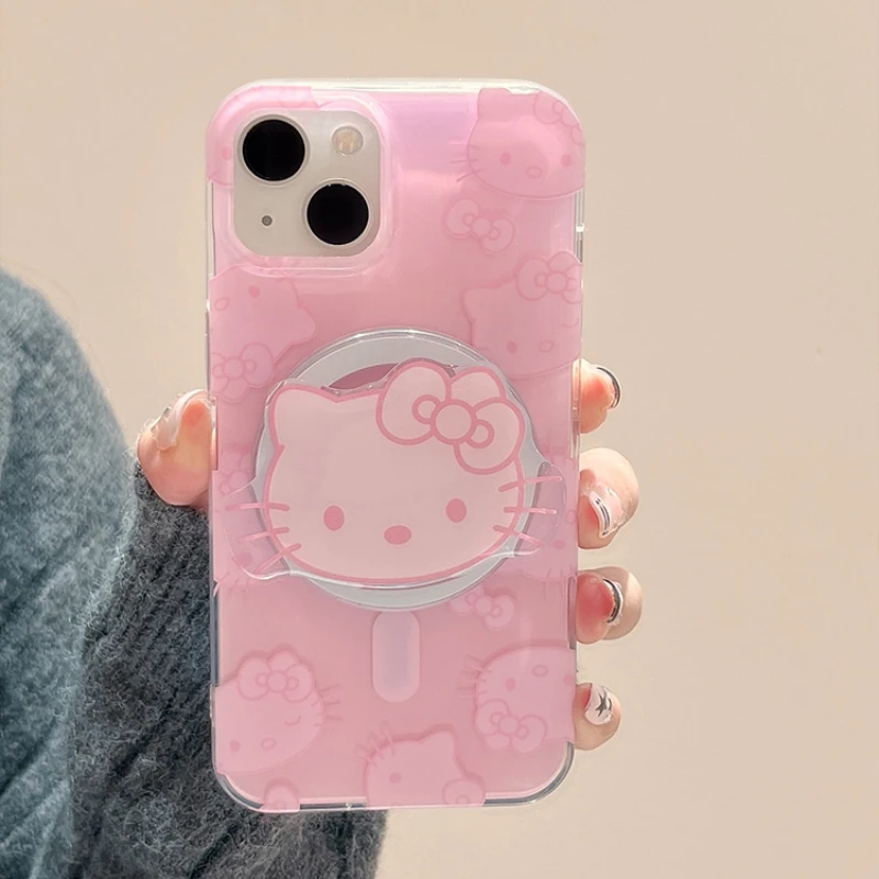 Cute Sanrio Hello Kitty Magnetic Wallet Bracket Magsafe Wireless Charge Phone Case For iPhone 16 15 14 13 12 11 Pro Max Cover