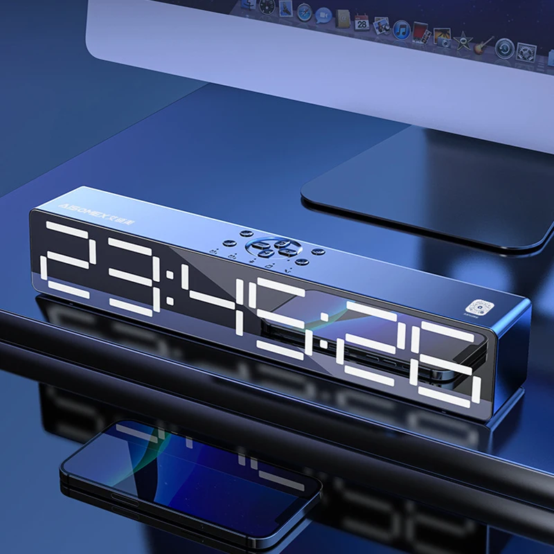 

Long Strip Mirror Speaker with Display HD Alarm Clock Home Theater Grade Audio Desktop Display Time Bluetooth Speaker