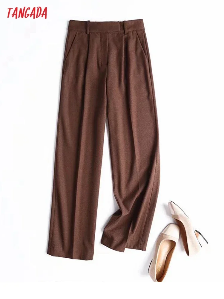 Tangada 2021 Autumn Winter Women High Quality Brown Suit Pants Trousers Pockets Office Lady Elegant Pants Pantalon 4C222