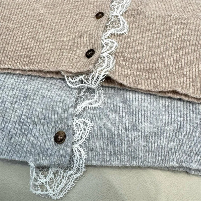 여성용 가디건 새로운 신축성 니트 슬림 긴팔 탑 2025년 가을 레이스 패치워크 니트웨어 울 혼방 여성 스웨터