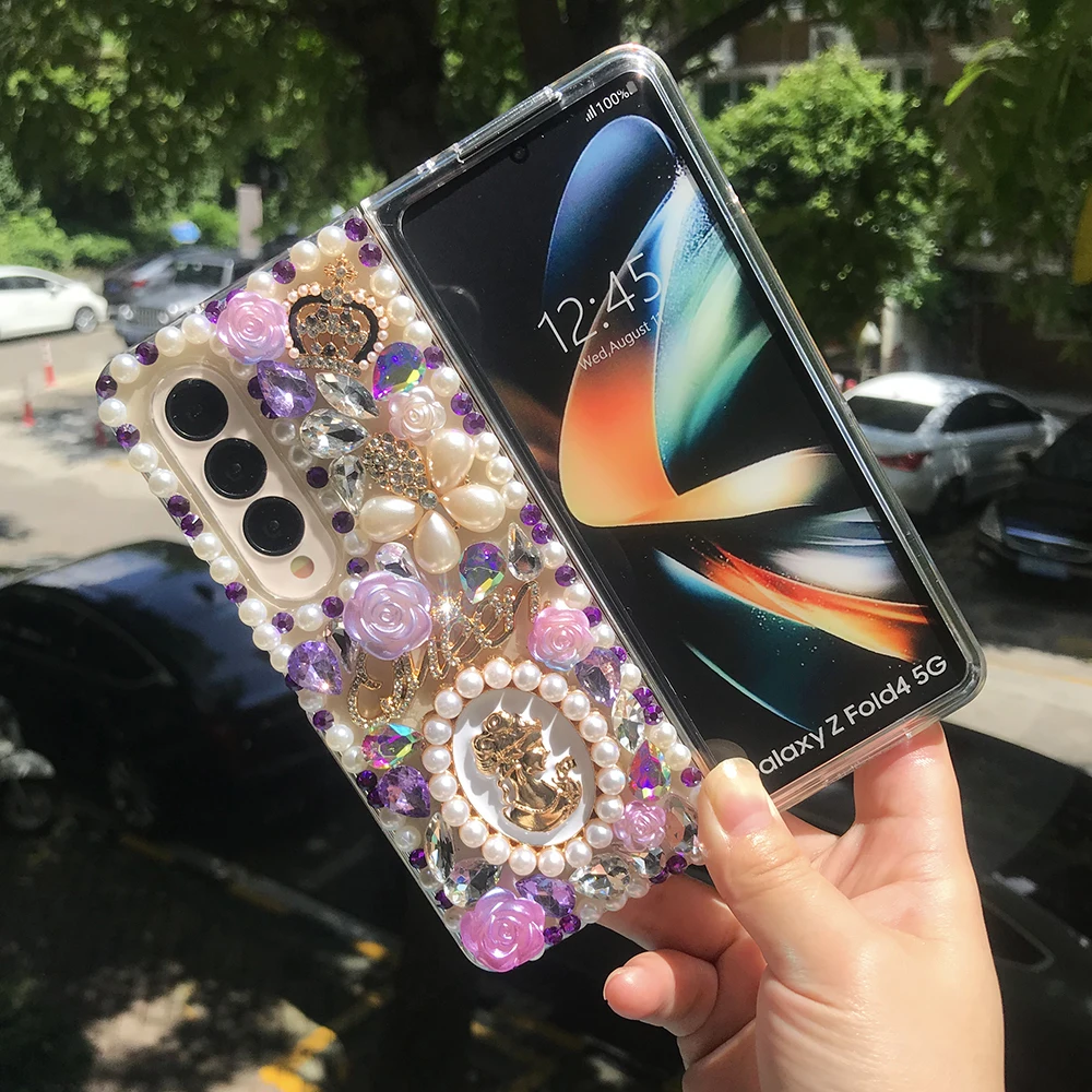 Luxury Pearl Goddess Portrait Phone Case For Samsung Galaxy Z Fold 6 5 4 3 Bling Rhinestone Crown Flowers Diamond Clear PC Cover