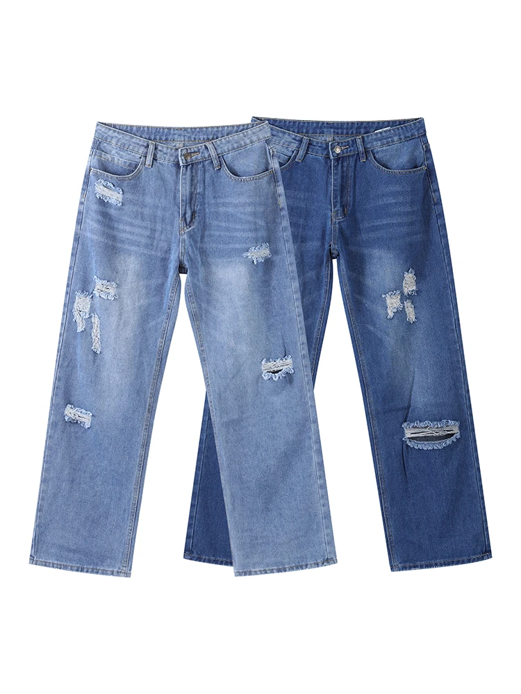 

Casual Women Straight Denim Jeans Holes Ripped Pockets Female Pants Zipper 2026 Spring Summer Blue Washed Long Woman Trousers