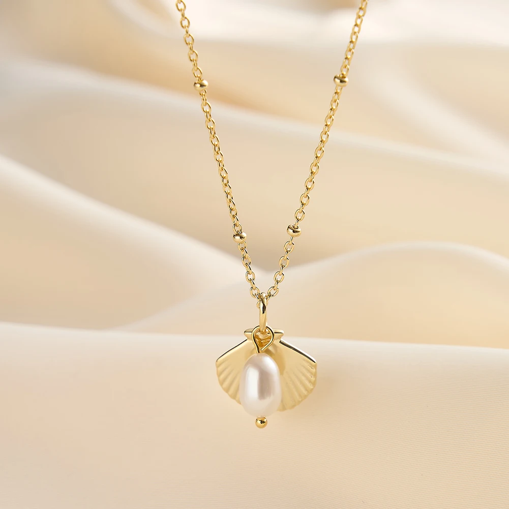 

KISS MANDY 925 Sterling Silver Shell Pendant Necklace with Freshwater Pearl Exquisite Choker Clavicle Chain Party Gift GPN83