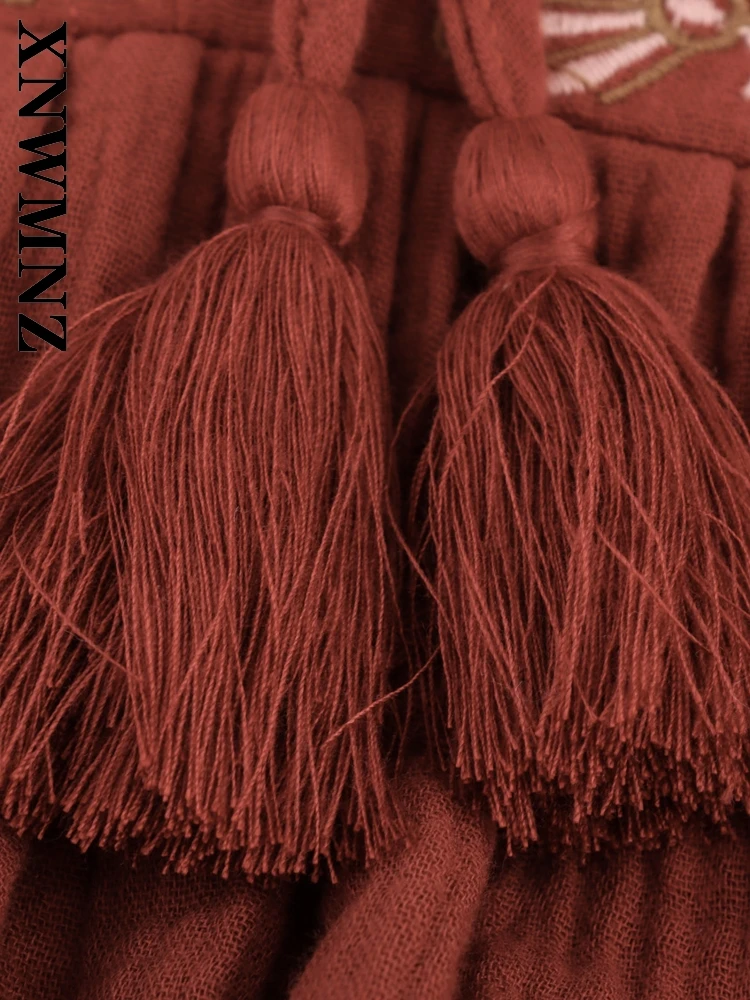 XNWMNZ 2025 Summer New Woman's Fashion Holiday Long Sleeve mini Pleated dress Chic Simple Woman BROWN O-Collar boho Dresses Tie