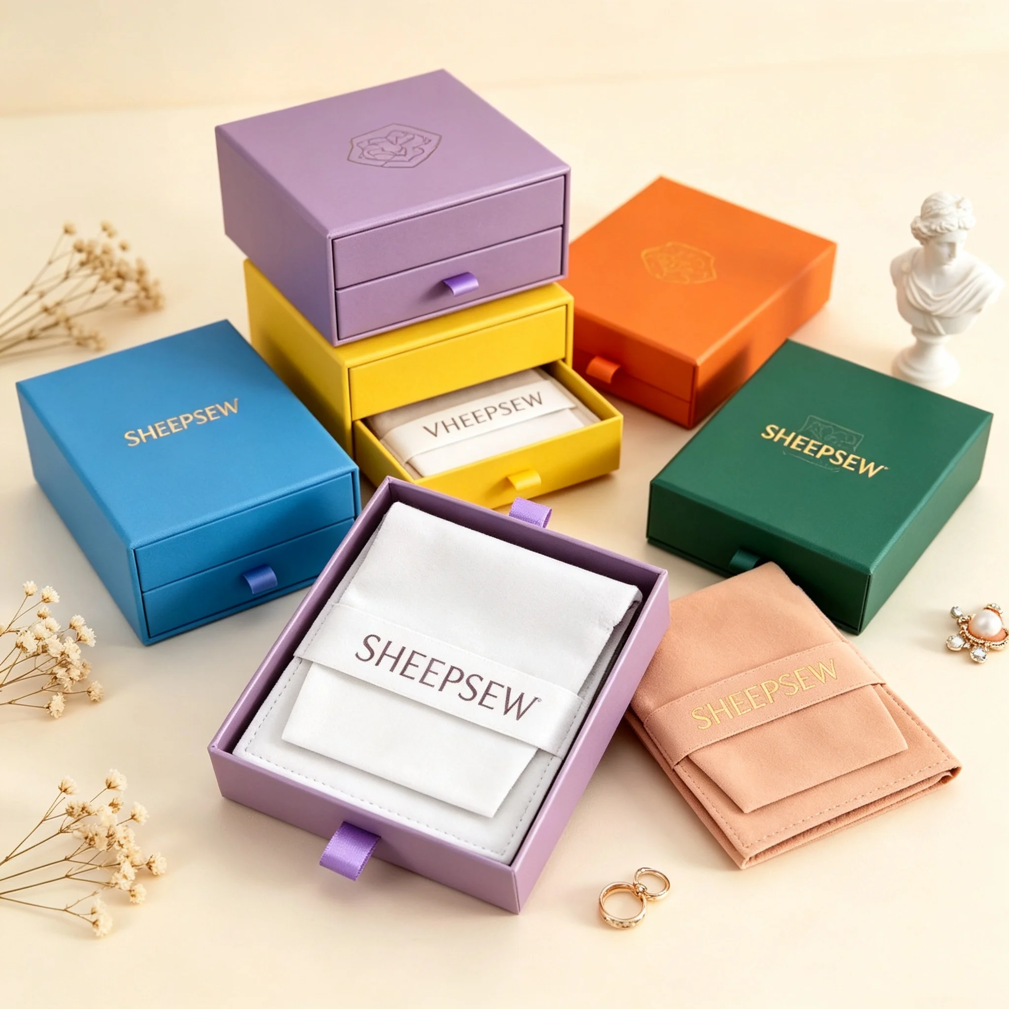 SHEEPSEW Chic Jewellery Gift Packaging Purple Cardboard Drawer Boxes Custom Logo With Microfiber Flap Pouch For Ring Necklace Ea