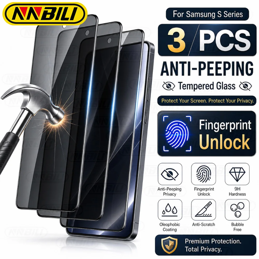 NNBILI 3pcs Privacy Screen Protectors, Support Fingerprint Unlock, for Samsung Galaxy S26 S25 S24 Ultra Plus Full Screen Glass