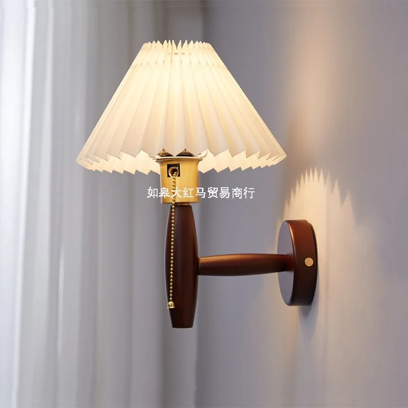 Vintage Copper Bedside Wall Lamp Personality Aisle Corridor Wooden Japanese Pleated Wall Lamp