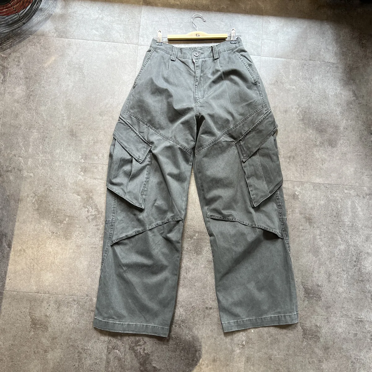 Amekaji Wash Wax Dye Heavy Industry Distressed Men Loose Oblique Stickers Large Pocket Wide-Leg Overalls All-Match Wide Version