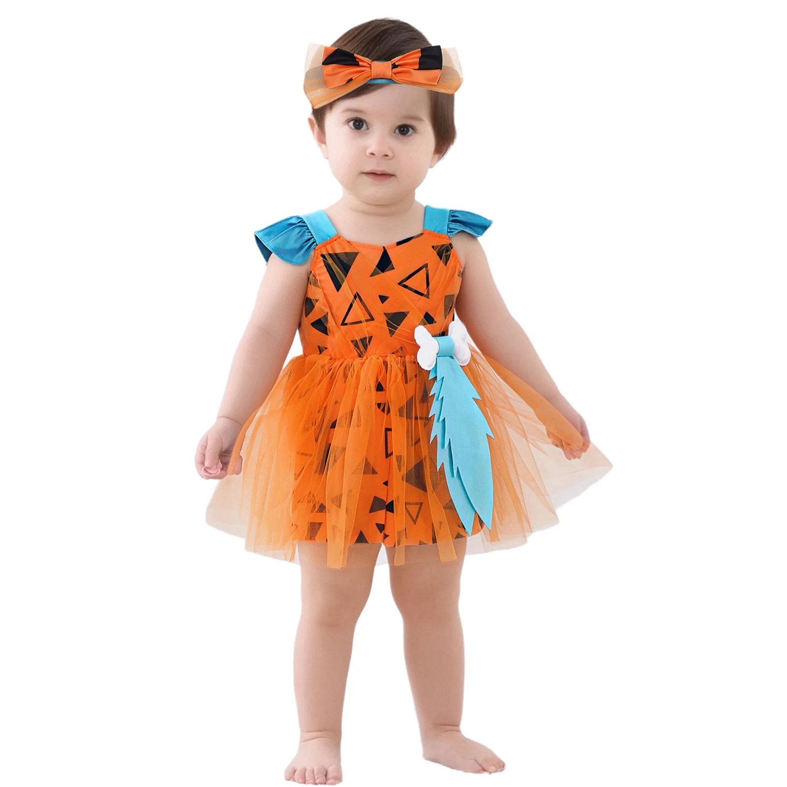 

Baby Girls Caveman Cavegirl Cosplay Costume Halloween Party Historical Stone Age Flintstone Hominid Dress Up 3D Bone Mesh Tutu