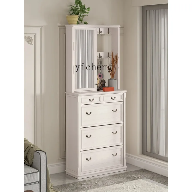 Pure Solid Wood Retro Door Entrance Entrance With Coat Rack Mirror Tipping Bucket Shoe CabinetD18