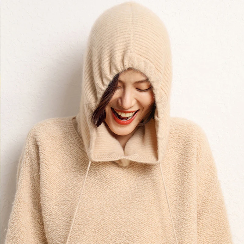 

Cashmere Women's Winter Hat 100% Wool Soft Warm Balaclava Beanie Dual-Use Fashion False Collar Ski Cap Ear Face Neck Protection