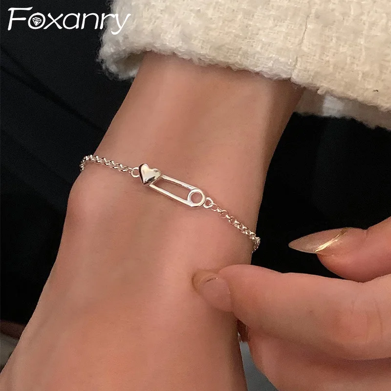 Foxanry Silver Color Love Heart Pin Bracelets For Women Girls Simple Creative Trendy Temperament Sweet Birthday Jewelry Gifts