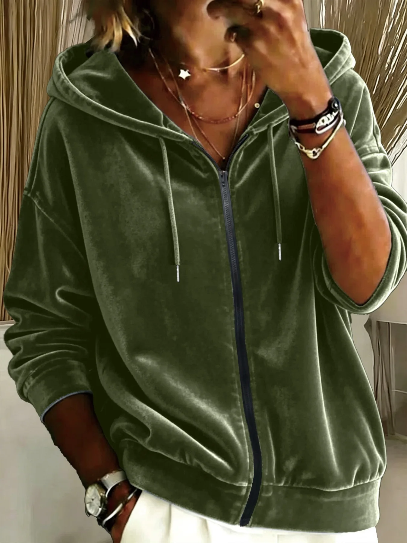 2026 Herbst Winter Neue Damen Freizeitjacke aus Samt mit Kordelzug, Kapuze und Reißverschluss, Langarm-Hoodie – Detail 7