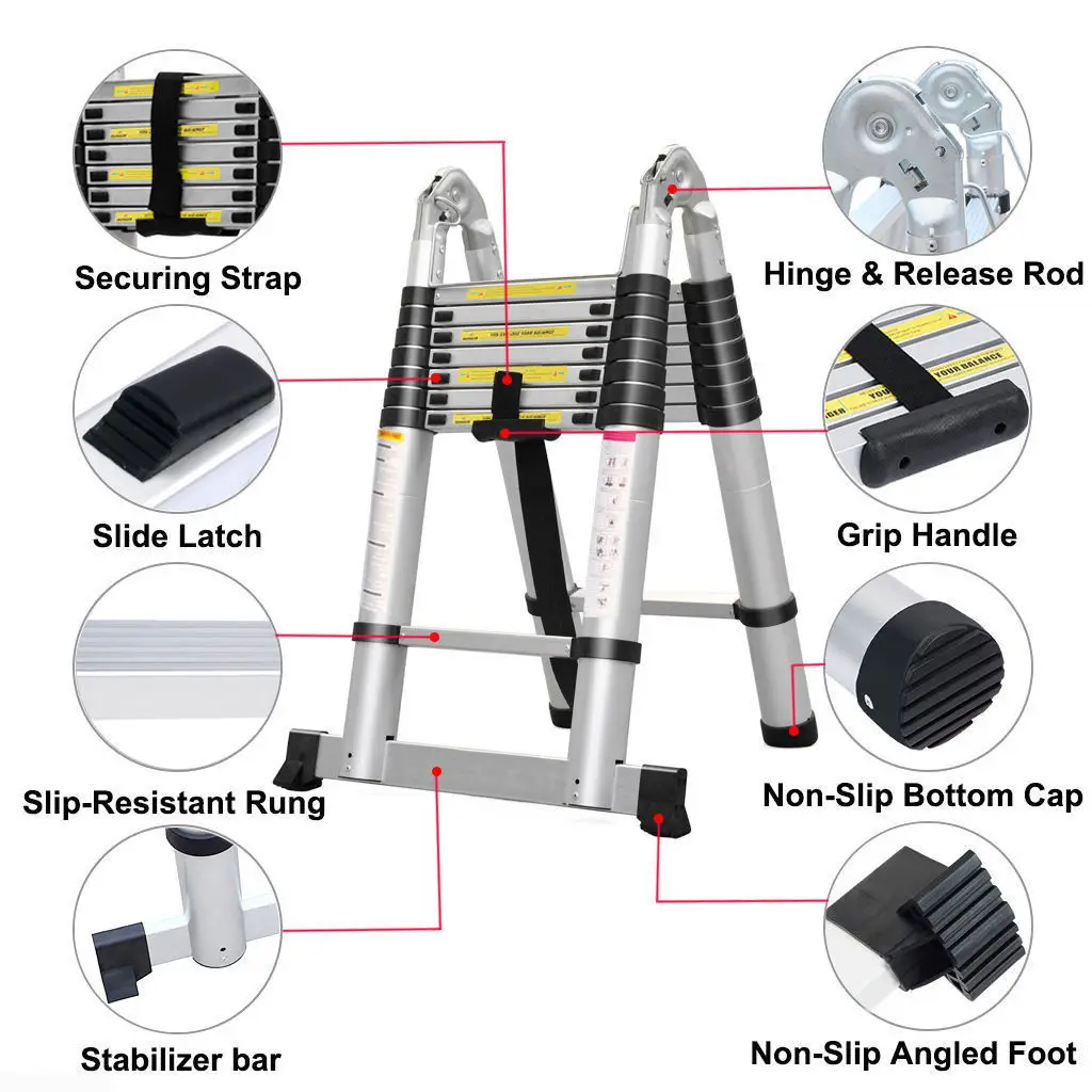 DayPlus-Échelle télescopique en aluminium, échelle d'extension robuste, 2.6m-5m, charge maximale de 330lb, EN131 pour le travail domestique et extérieur