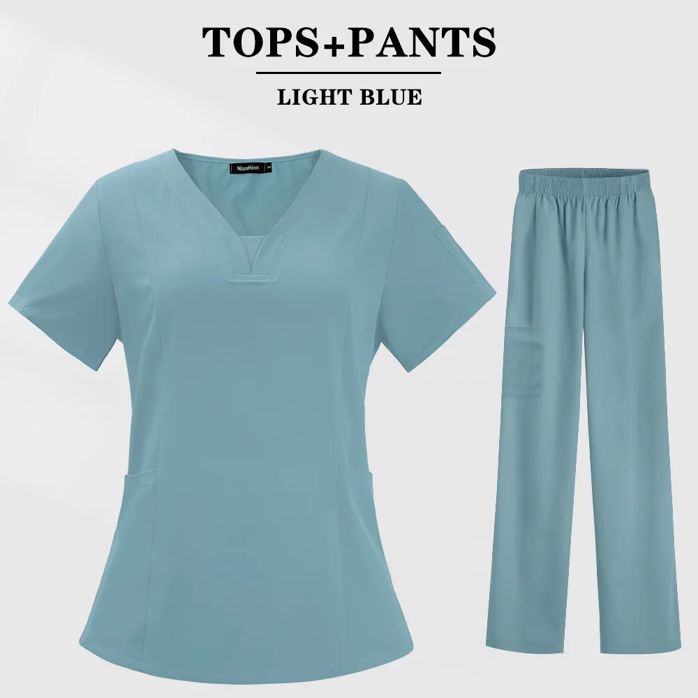 2024 New Fashion Scrub Suits Dental Hospital Uniform Set Solid Color Unisex Surgical Gown Pocket V-neck Scrubs Sets for Women