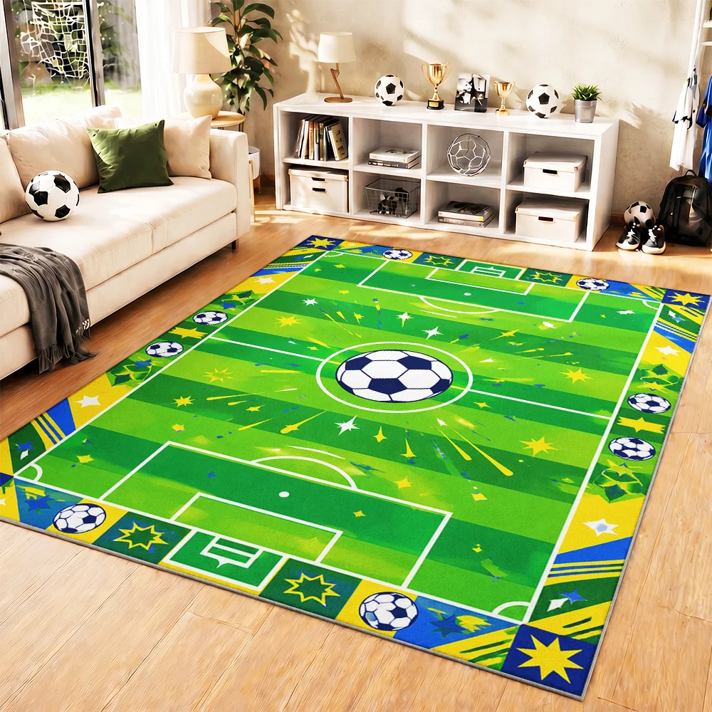 VIKAMA Kids Football Play Large Rug Soccer Field Ball Star Burst Print Non‑Slip Washable Soft Floor Mat Indoor Play Area Home