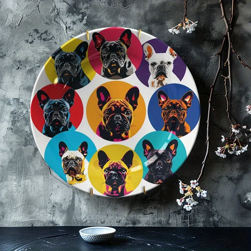 1pc Charming French Bulldog Ceramic Wall Art Plate - Round Decorative Plaque with 8 Adorable Dog Portraits, Non-Food Contact,