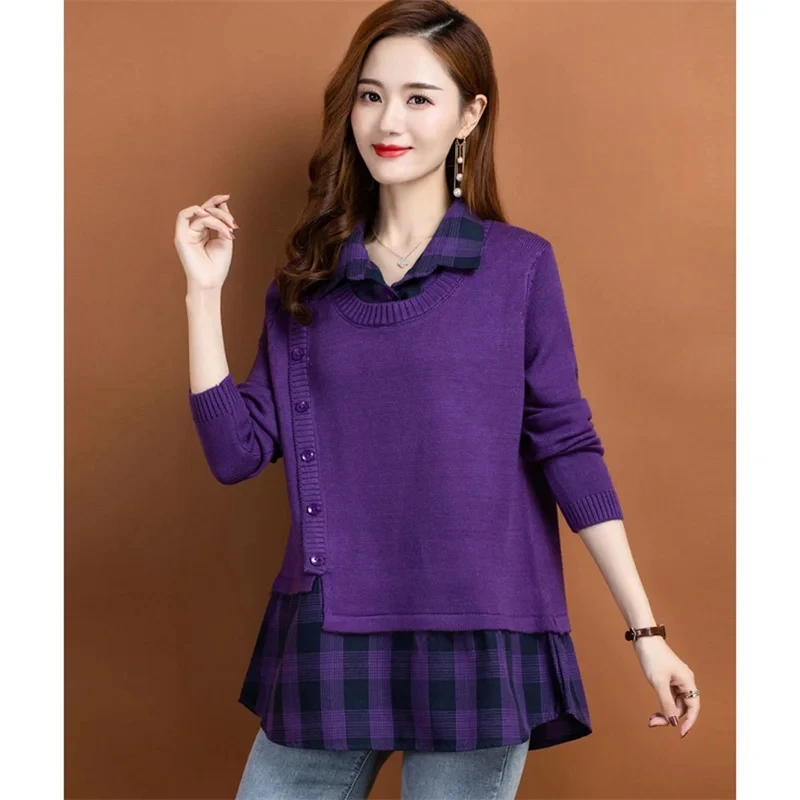 

2024 Spring Autumn New Fashion Fake Two Pieces Sweater Shirt Collar Plaid Patchwork Knitted Pullovers Tops Female Sweater Coat