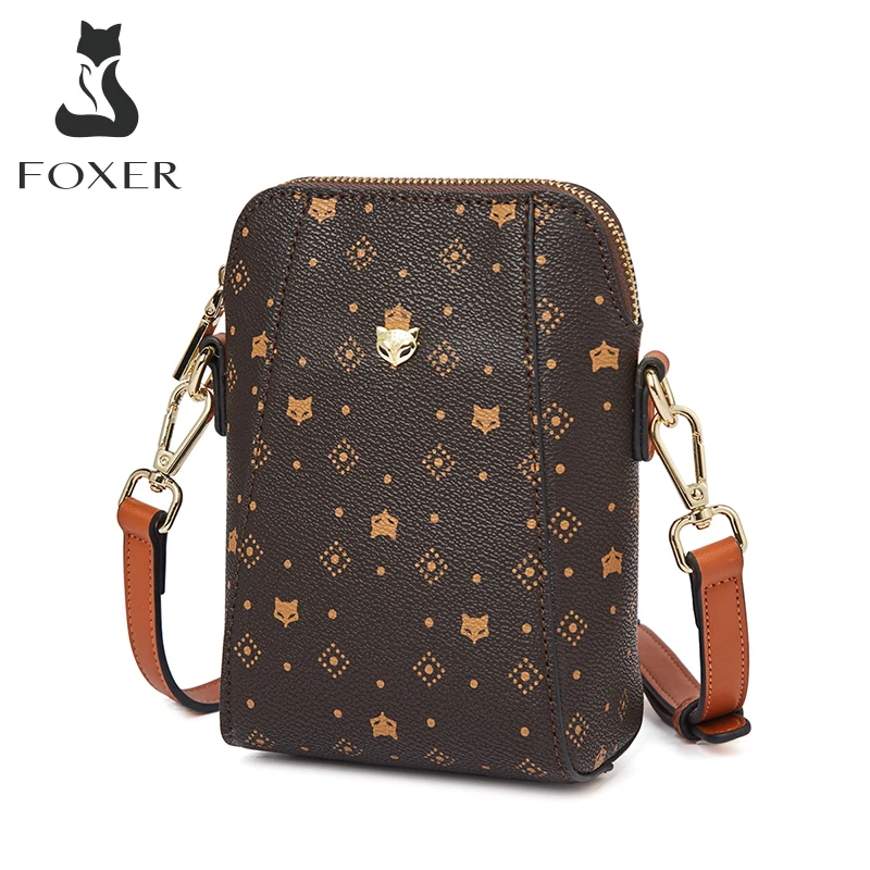 FOXER Woman Brown Monogram Cellphone Bag Vintage Shoulder Bag Travel Crossbody Bag PVC Leather Lady Mini Shopping Messenger Bags