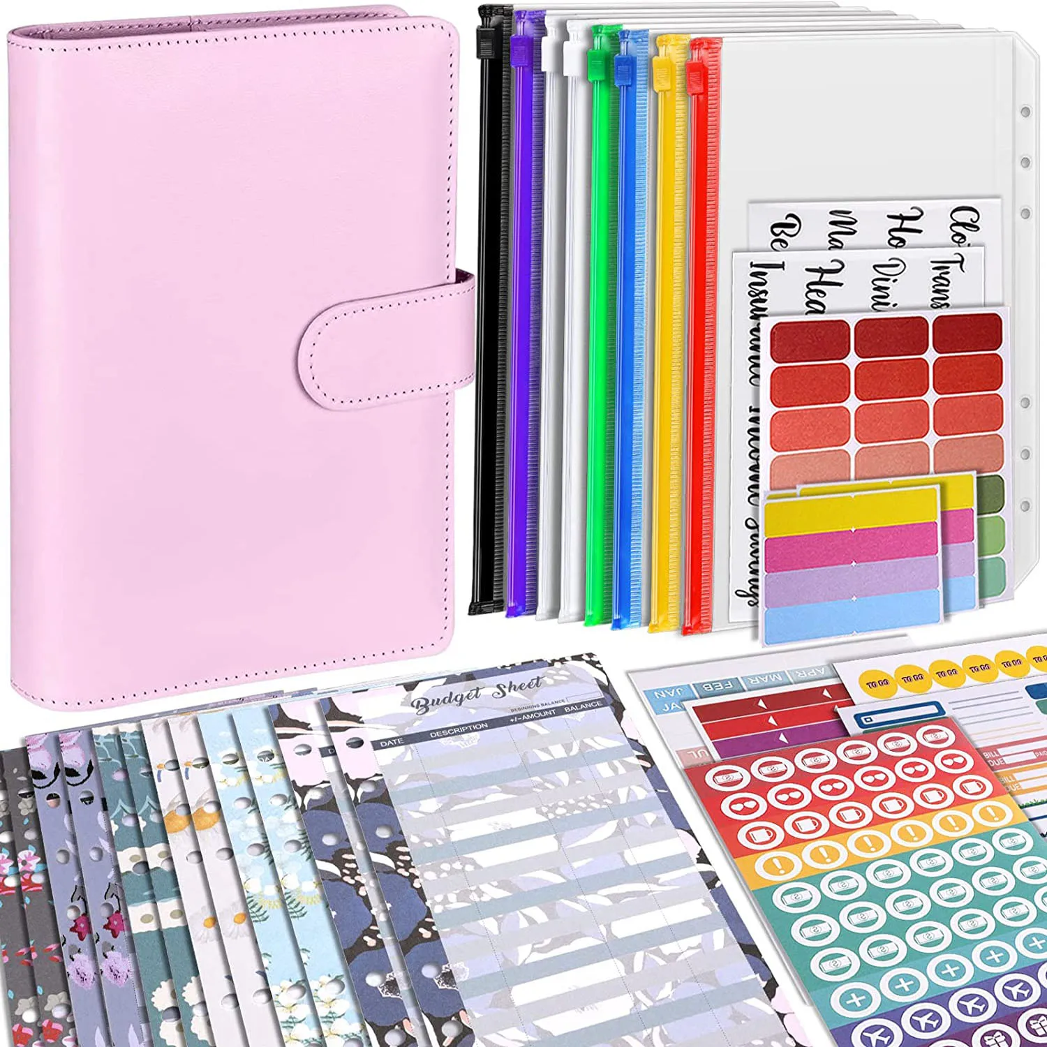 A6 Budget Binder Colorful Zipper Cash Envelopes Money Saving, Budget Sheets,Word Label,Month Tabs,Flag Label for Travel and Work