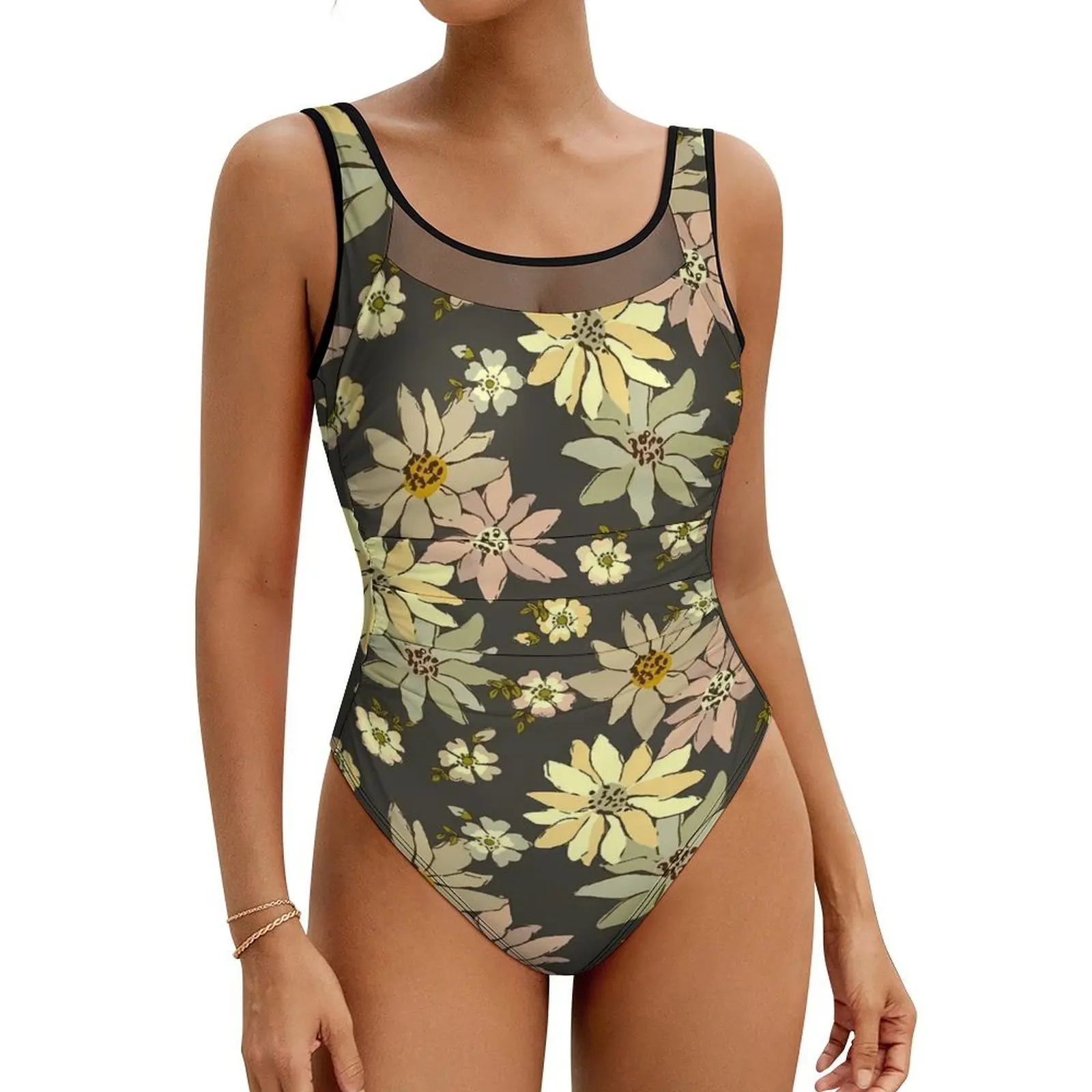 Boho Floral Swimsuit Sexy Vintage Flowers Print Female Swimwear One Piece Elegant Bodysuit Surfing Push Up Cut Out Monokini